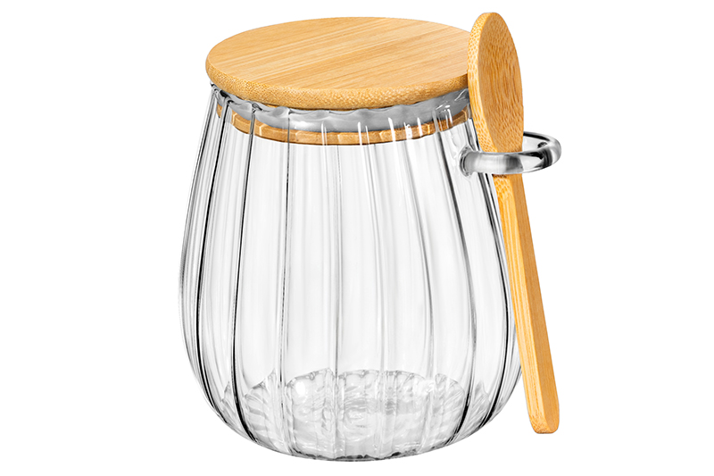 БЫЛО 562 руб! Банка д/хранения 680 мл 11*11*11,5 см с бамбуковой крышкой и ложкой, стекло
