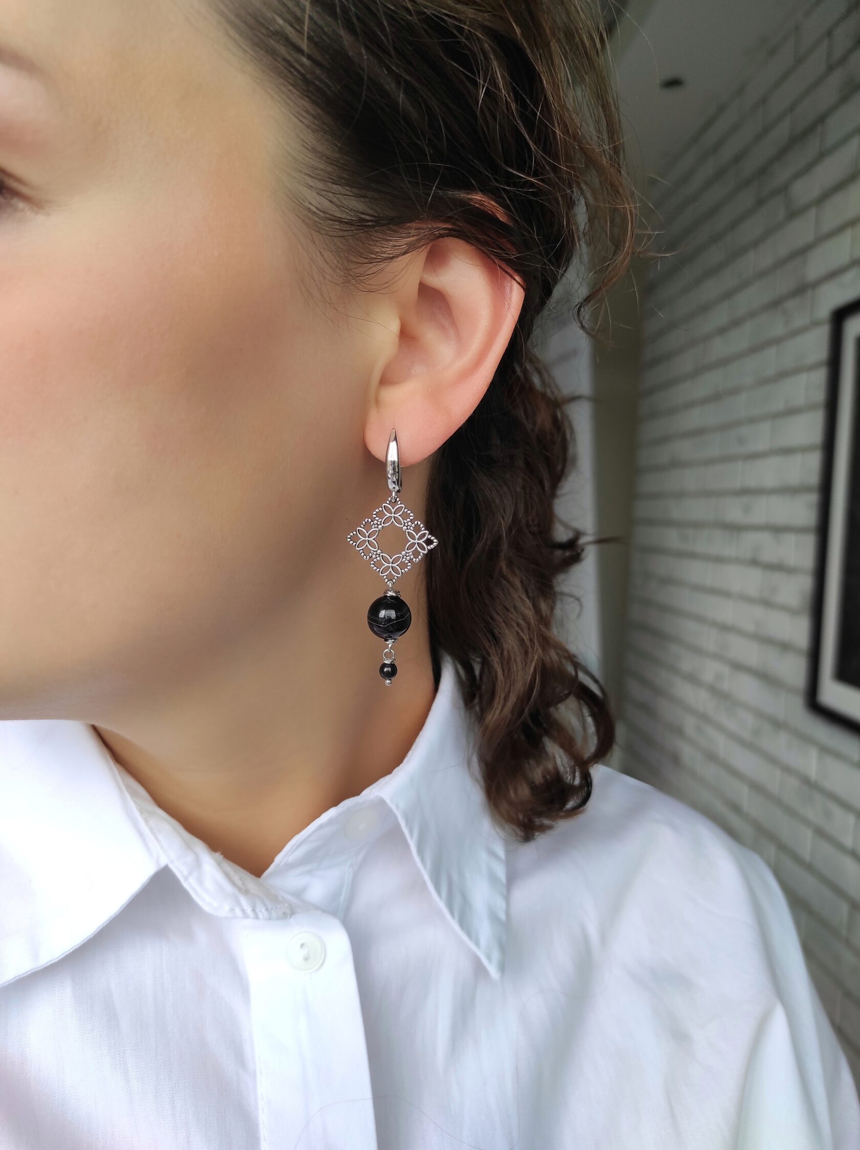 Серьги с черным агатом Ромб