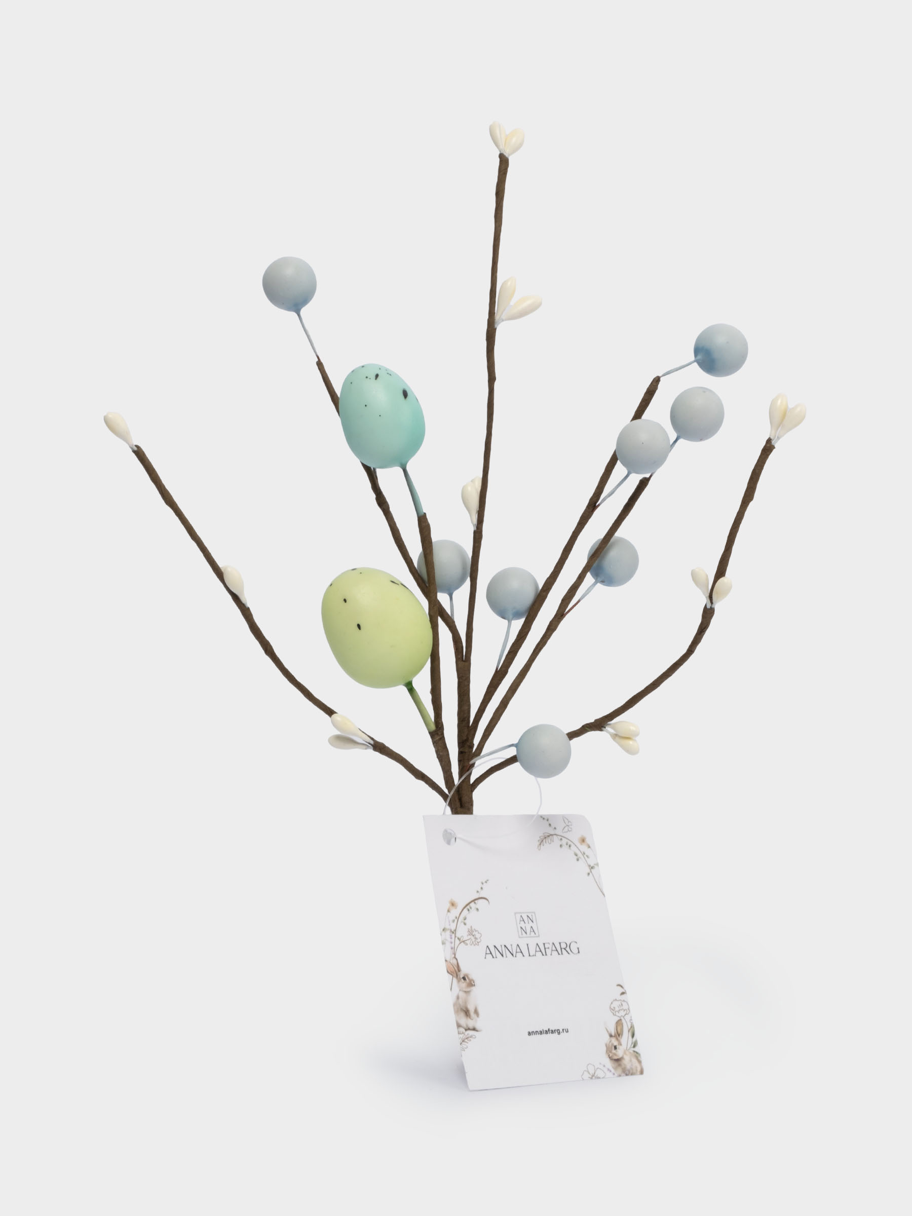 Ветка декоративная, 20 см, пенопласт/бумага, Ветка с зелеными яйцами, Interior Easter