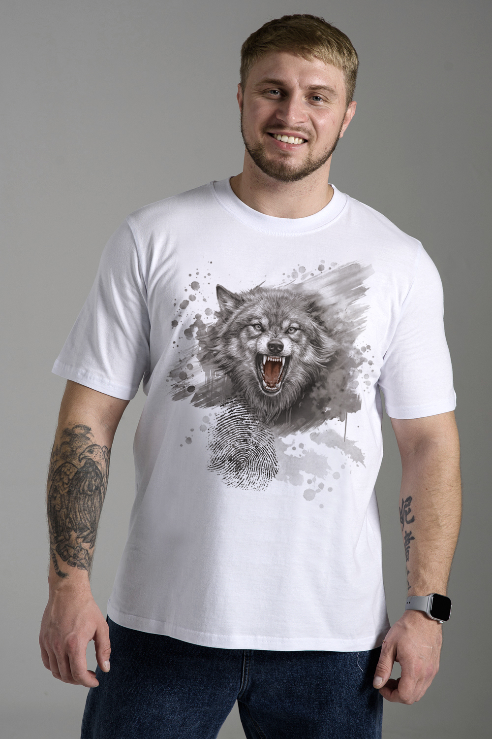 Мужская футболка 8593 / белый+волк