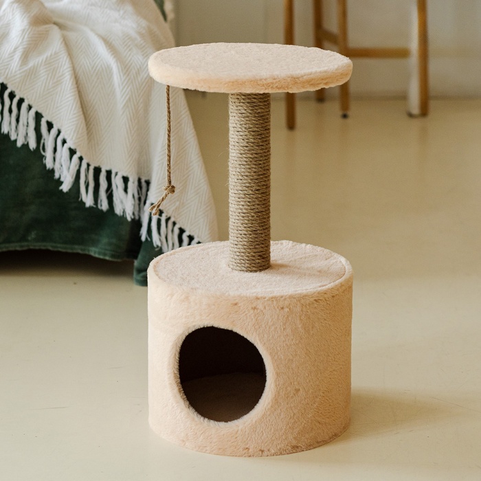 Домик для кошек с когтеточкой круглый, джут, 35×35×64 см, бежевый