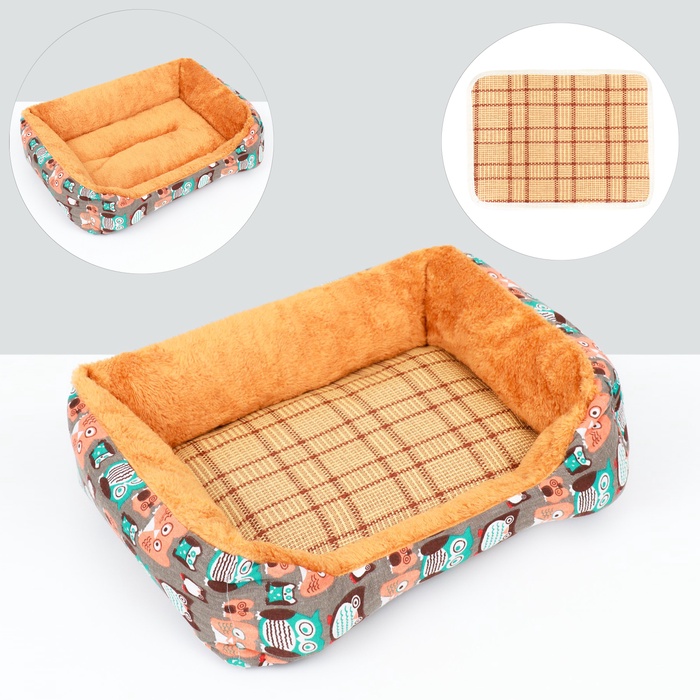 Лежанка для животных + ротанговый коврик, 50×40×15 см, бежево-серая