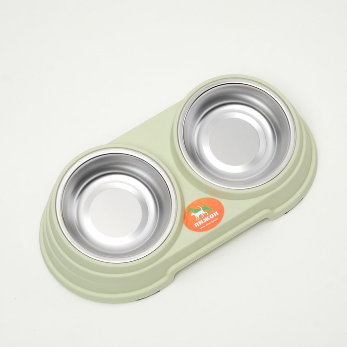 Миска металлическая двойная наклонная на пластиковом основании, 28.5×15×7 см, зелёная