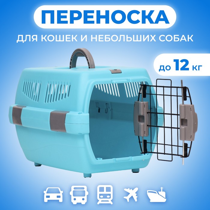 Переноска для животных «Неон», 48×32×29.5 см, вес до 12 кг, пластик, голубая