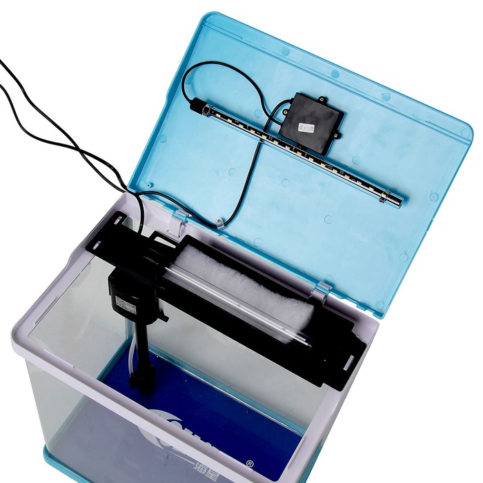 Аквариум SeaStar HX-390F в комплекте: LED-лампа 3х цветная, 7 режимов, фильтр, 30 л, голубой