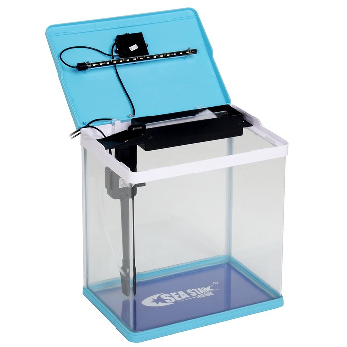 Аквариум SeaStar HX-390F в комплекте: LED-лампа 3х цветная, 7 режимов, фильтр, 30 л, голубой