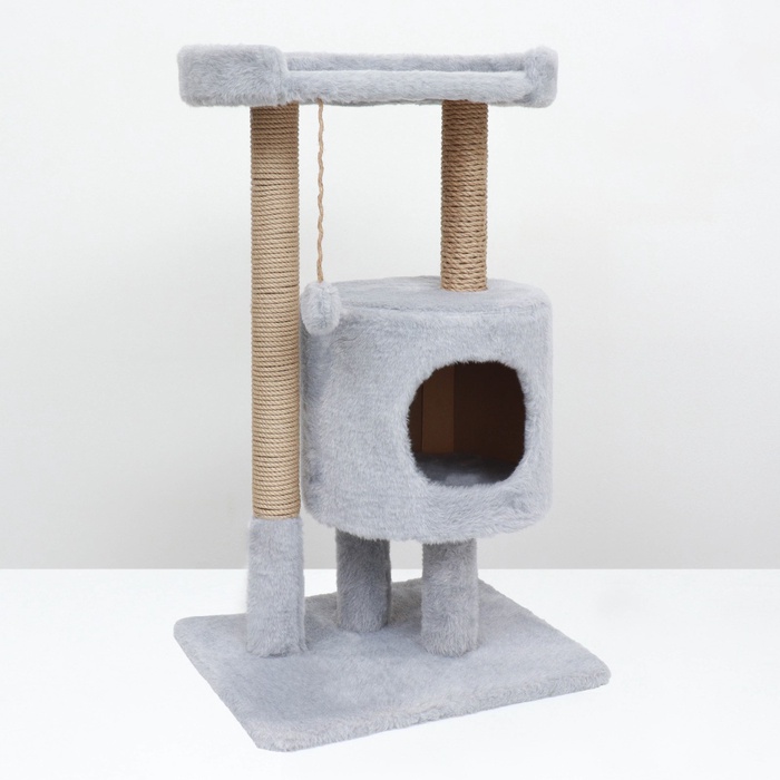 Домик для кошек с когтеточкой «Круглый с площадкой», 52×52×95 см, серый