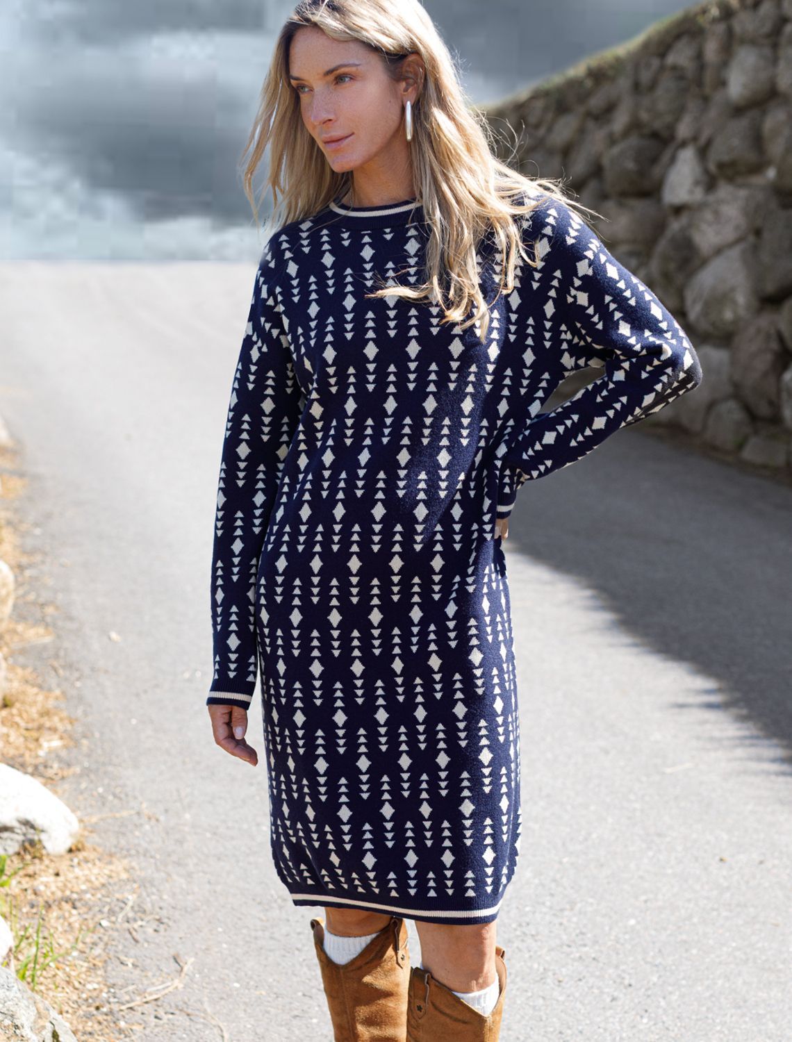 Ст.цена 2990р Платье жаккардовой вязки с кашемиром D32.111 синий-бежевый