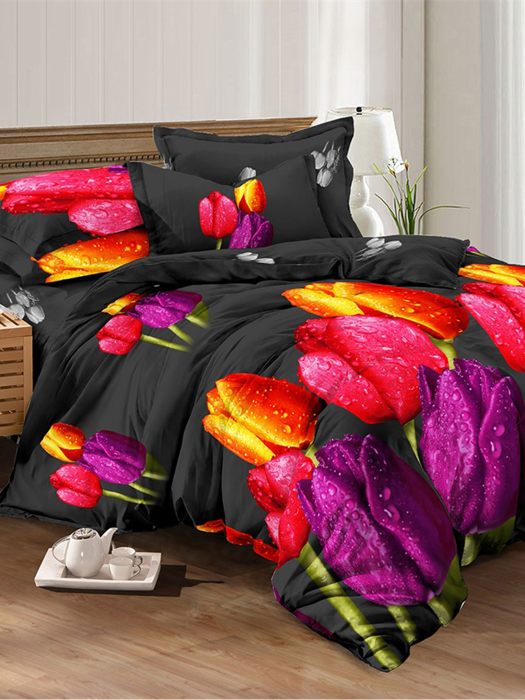 Постельное белье поплин эксклюзив - Тюльпаны на черном