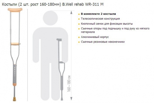 Костыли (2 шт. рост 160-180мм) B.Well rehab WR-311 M