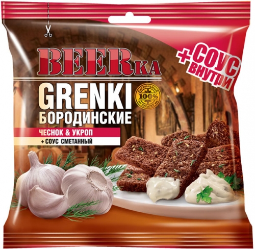 ПС242 Гренки Beerka со вкусом чеснока с укропом + сметанный соус, 85 г