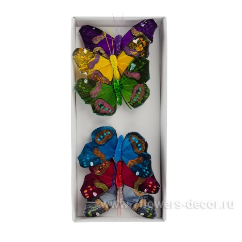 Набор бабочек на вставке (перо), 10см, 6 шт., цв.микс