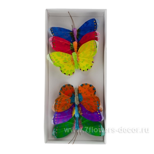Набор бабочек на вставке (перо), 10см, 6 шт., цв.микс