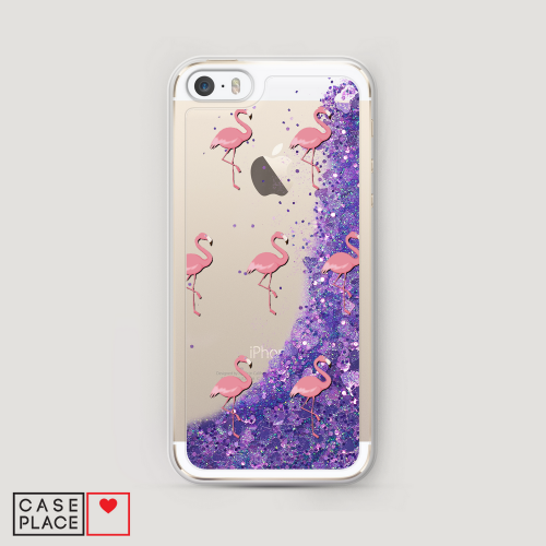 Жидкий чехол с блестками Розовые фламинго фон на iPhone 5/5S/SE