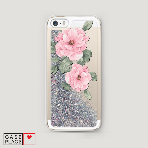 Жидкий чехол с блестками Акварельные розовые цветы на iPhone 5/5S/SE