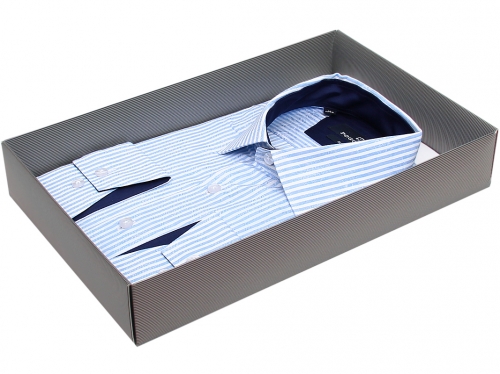 Голубая приталенная мужская рубашка Poggino 8022-02 в полоску