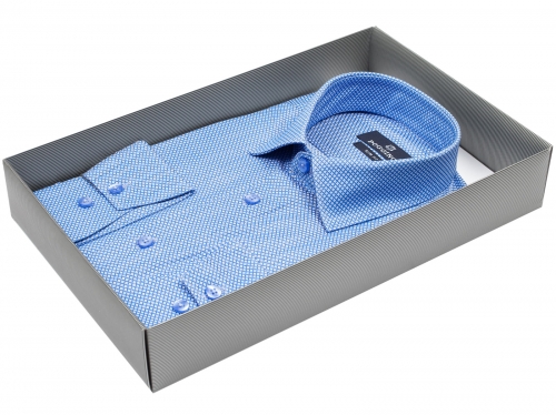 Голубая приталенная мужская рубашка Poggino 5005-13 в ромбик