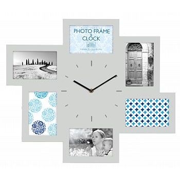 Innova Мультирамка-часы настенные 46x54 на 6 фото 10x15 МДФ серый W07369