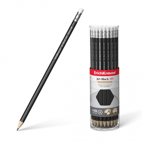 Чернографитный шестигранный  карандаш с ластиком  ErichKrause® Jet Black 101 HB (в тубусе по 42 шт.)