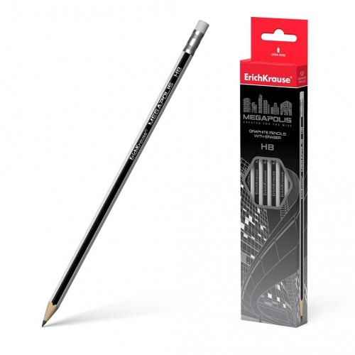 Чернографитный шестигранный карандаш с ластиком ErichKrause® MEGAPOLIS® HB (в коробке по 12шт.)