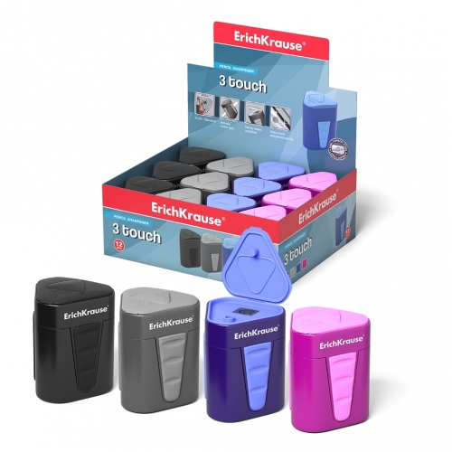 Пластиковая точилка ErichKrause® 3-Touch с контейнером и крышкой, цвет корпуса ассорти  (в коробке по 12 шт.)