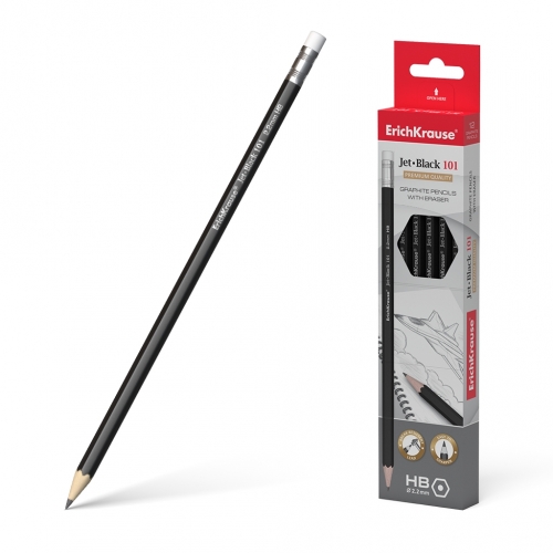 Чернографитный шестигранный  карандаш с ластиком  ErichKrause® Jet Black 101 HB (в коробке по 12 шт.)