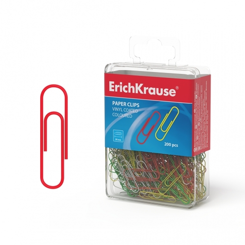 Скрепки металлические с виниловым покрытием ErichKrause® цветные, 28мм (пластиковая коробка 200 шт.)