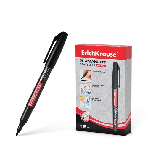 Перманентный маркер ErichKrause®  P-70, цвет чернил черный (в коробке по 12 шт.)
