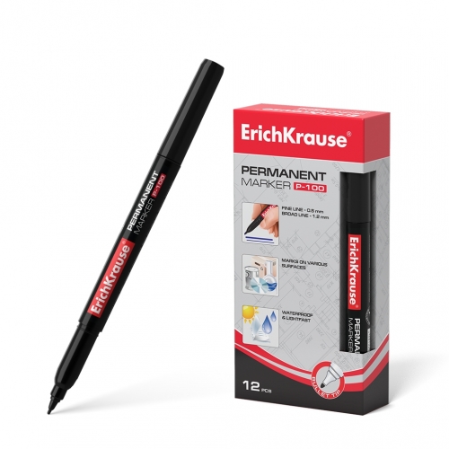 Перманентный маркер ErichKrause®  P-100, цвет чернил черный (в коробке по 12 шт.)