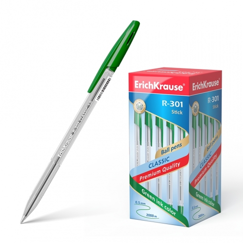 Ручка шариковая ErichKrause® R-301 Classic Stick 1.0, цвет чернил зеленый (в коробке по 50 шт.)