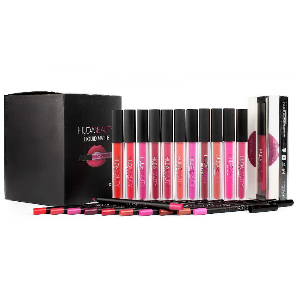 Помада жидкая матовая и карандаш Huda Beauty Liquid Matte and Lip Liner (12шт) копия
