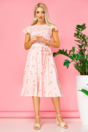 Платье с воланчиками на рукавах цветы на розовом