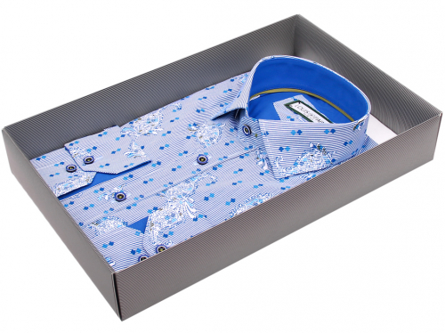 Голубая приталенная мужская рубашка Louis Fabel 3367-05 в огурцах
