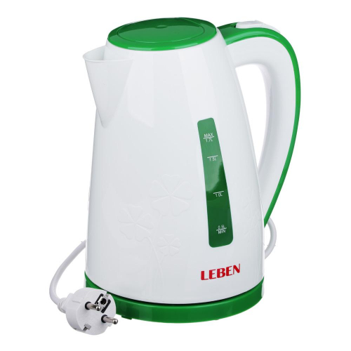 Чайник электрический 1, 7 л LEBEN, 2200 Вт, пластик, белый/зеленый