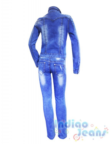 Ультрамодный рваный джинсовый костюм с россыпью из жемчуга