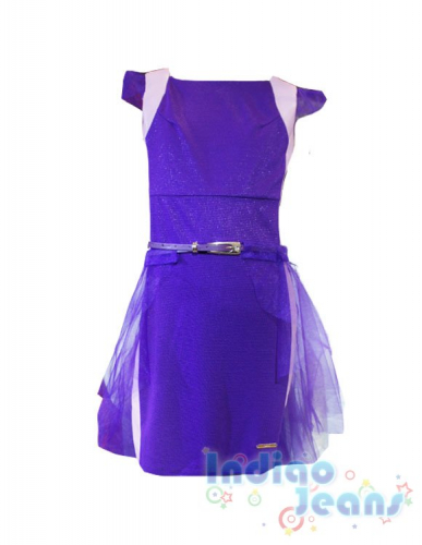 Фиолетовое платье с кожанной вставкой , с ремнем-шлейфом