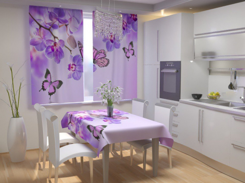 Фотошторы для кухни Бабочки у воды с орхидеями