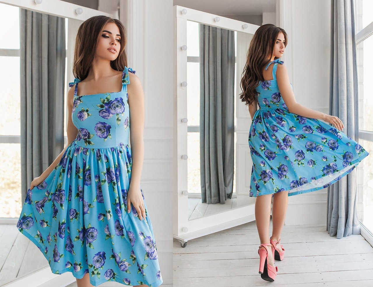Летнее платье голубое в цветочек