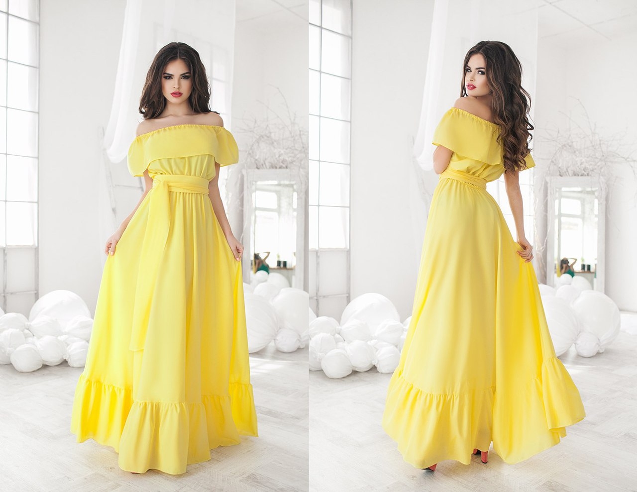 Желтое длинное платье