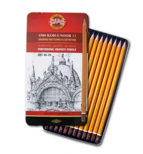 KOH-I-NOOR 1502-2 (12) Набор профессиональных чернографитных карандашей Art (8В-2Н), 12 шт, жестяная коробка