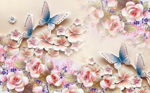 3 D обои Цветочное изобилие с бабочками
