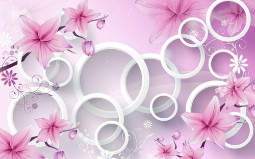 3 D обои Яркие розовые цветы с объемными кругами