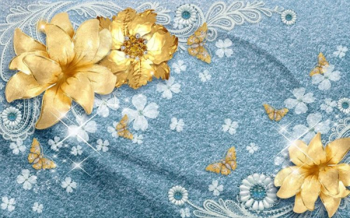 3 D обои Золотые цветы с бабочками на голубой ткани