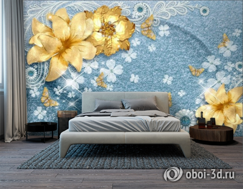 3 D обои Золотые цветы с бабочками на голубой ткани