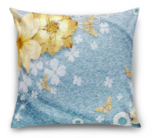 Подушка Золотые цветы с бабочками на голубой ткани