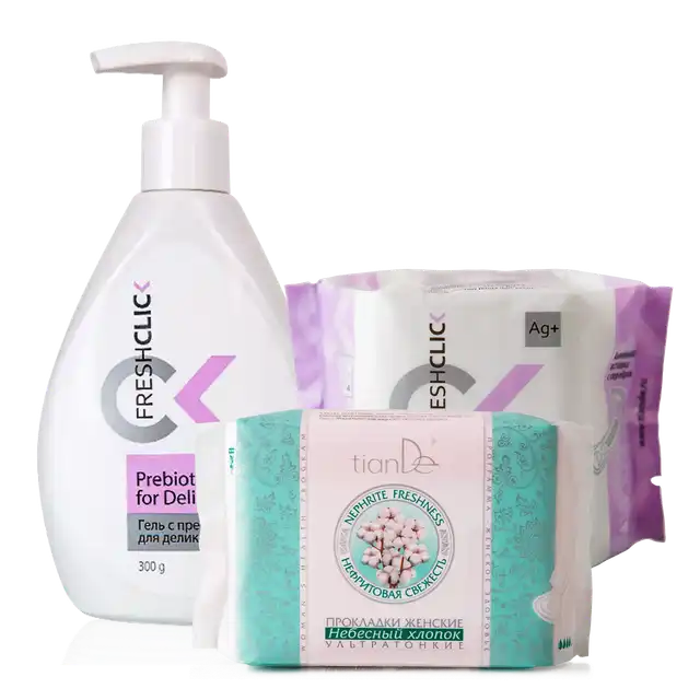 АКЦИЯ! 2=3 Купи 2 средства FreshClick: гель с пребиотиком для деликатного ухода + прокладки с серебром ежедневные cупертонкие – В ПОДАРОК прокладки женские ультратонкие «Небесный хлопок»!