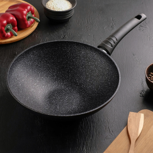 Сковорода wok (классическая) с ручкой, антипригарное покрытие (темный мрамор)