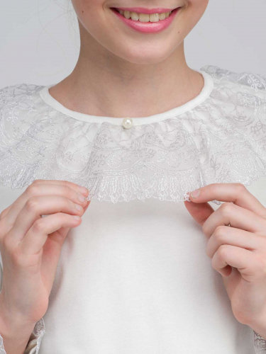 Трикотажная блузка школьная Амира кремовая с серым