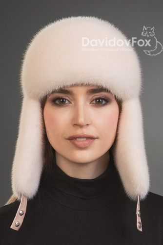 Шапка женская Ушанка норка розовый жемчуг