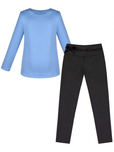 Школьная форма для девочки с голубым джемпером и серыми брюками с бантом